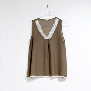 JUST GINGER Olive Green Sheer Floral Lace Trim V-neck Chiffon Tank Top | Size M